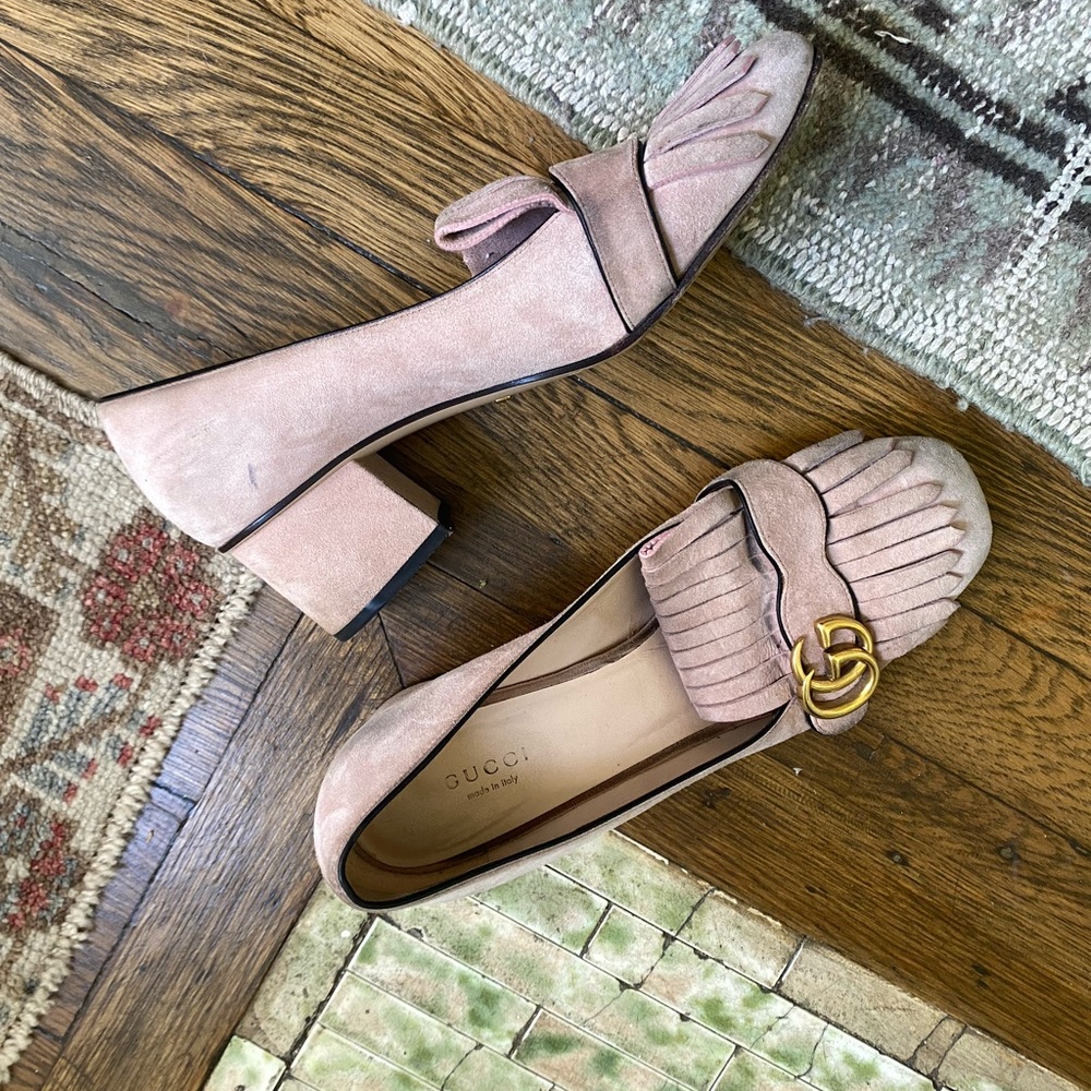 Gucci Marmont Pink suede block heel with Fringe Detailing
